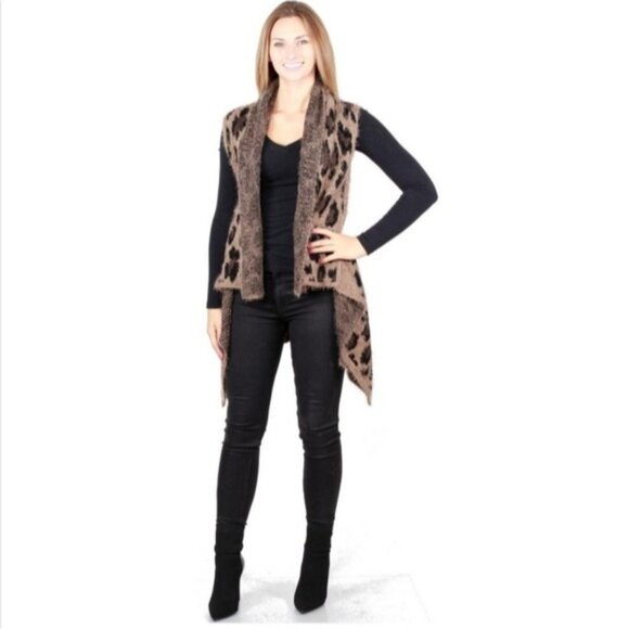 Leopard Print Sleeveless Open Front Cardigan Vest- Brown & Black-NEW - Picture 6 of 6